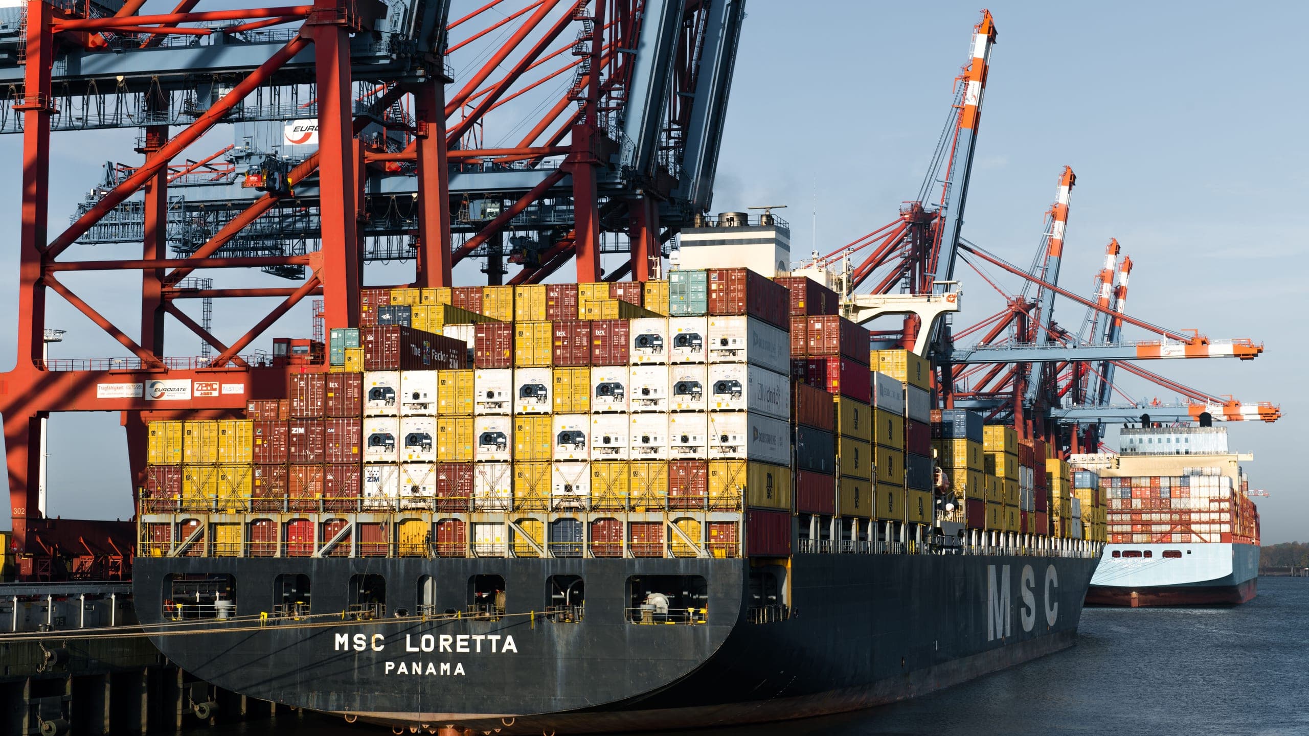Aerial view of container ships at Hamburg port terminal