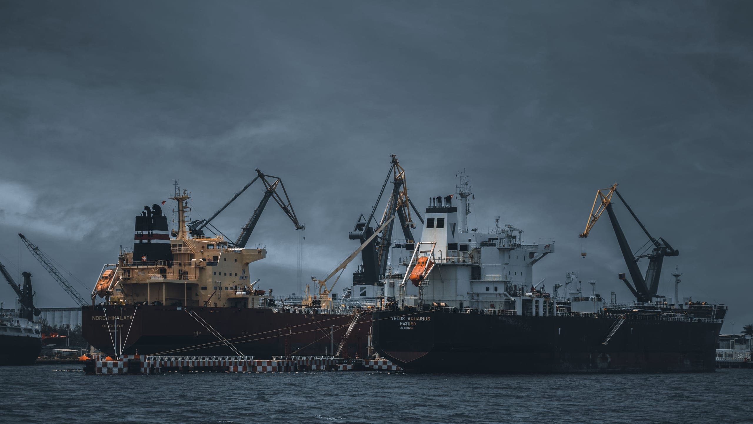 Industrial cargo ships docked at port with cranes